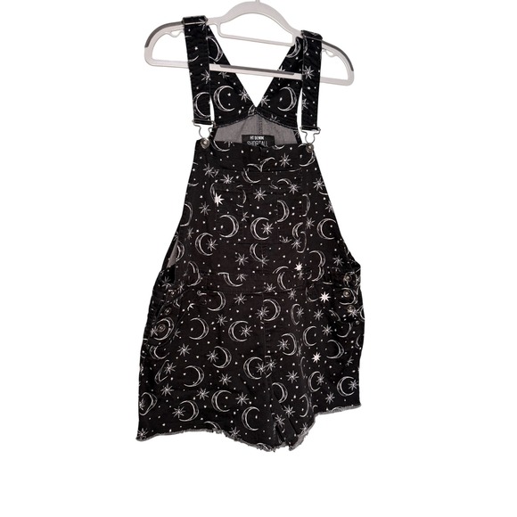 Hot Topic Denim - HT Denim Shortalls in black and white cosmic moons and stars overalls